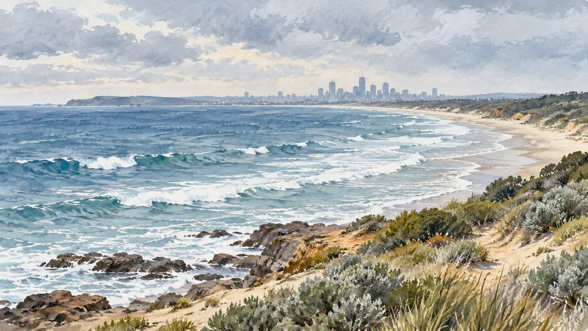 Painted southern coastal surf and dunes beside an imagined distant city.