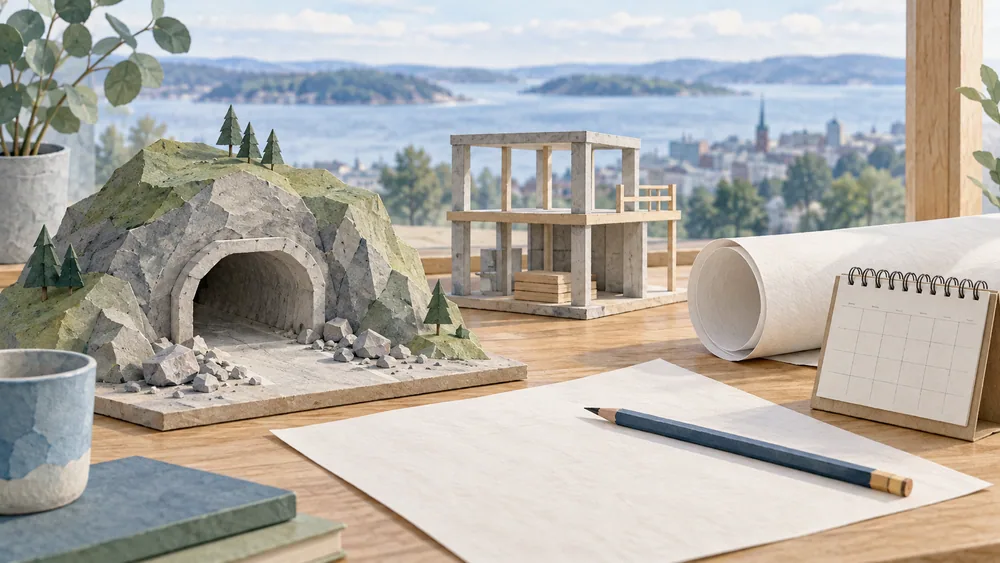 An invented tunnel and unfinished building model stand beside a blank plan.