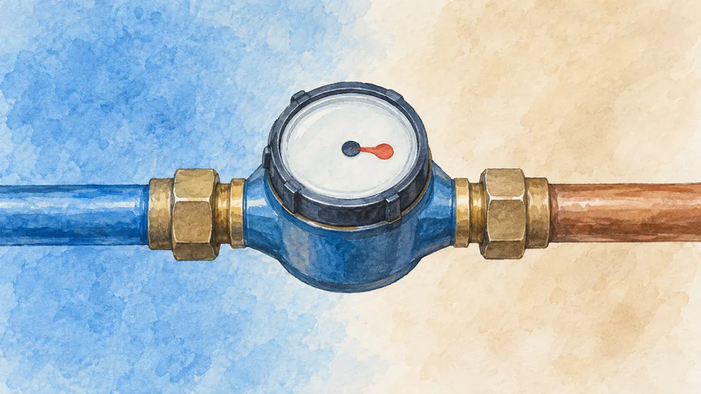 An anonymous unnumbered meter on a pipe against blue and neutral background areas.