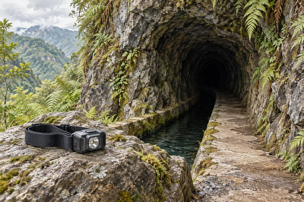 Illustration of an unbranded head torch beside a channel and a rock tunnel with a separate walking ledge.