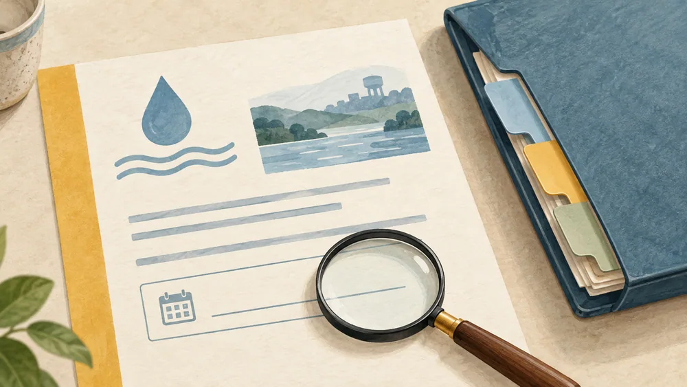 Generated illustration of a notice sheet beside a folder of historical sampling records.