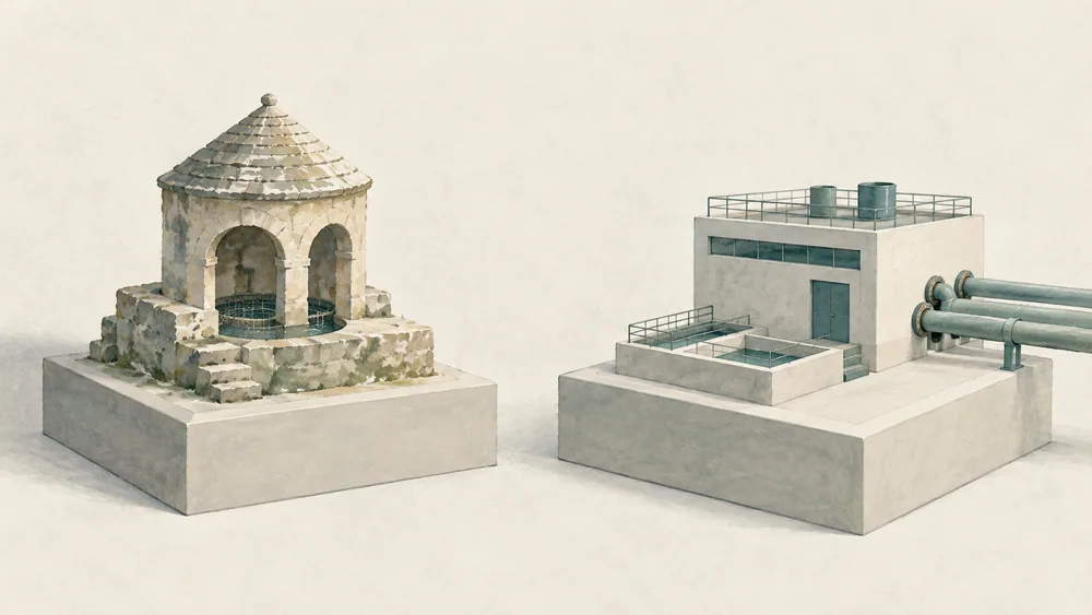 An imagined stone straining-well model and a separate modern building model with pipes.