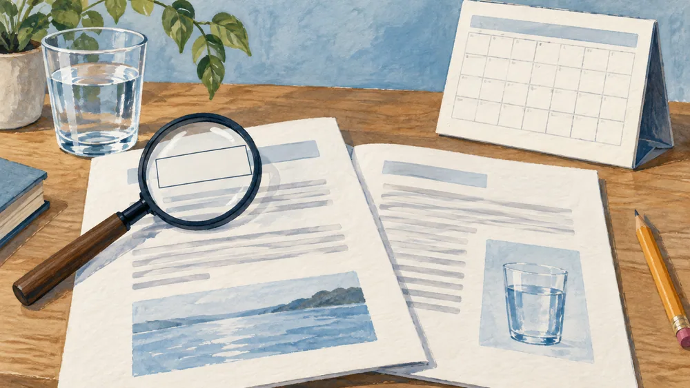 A magnifying glass rests over generic report pages beside a decorative calendar.