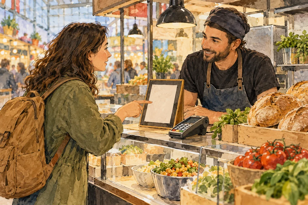 Illustrated traveller asking a food-stall vendor about a blank menu, beside a card terminal.