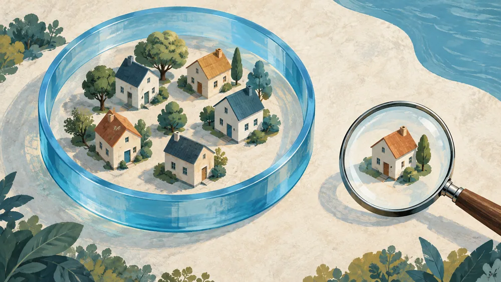 Miniature houses inside a blue ring beside another house under a magnifying glass.