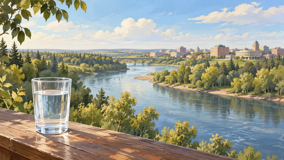Imagined northern river valley and city, with a drinking glass on a wooden ledge.