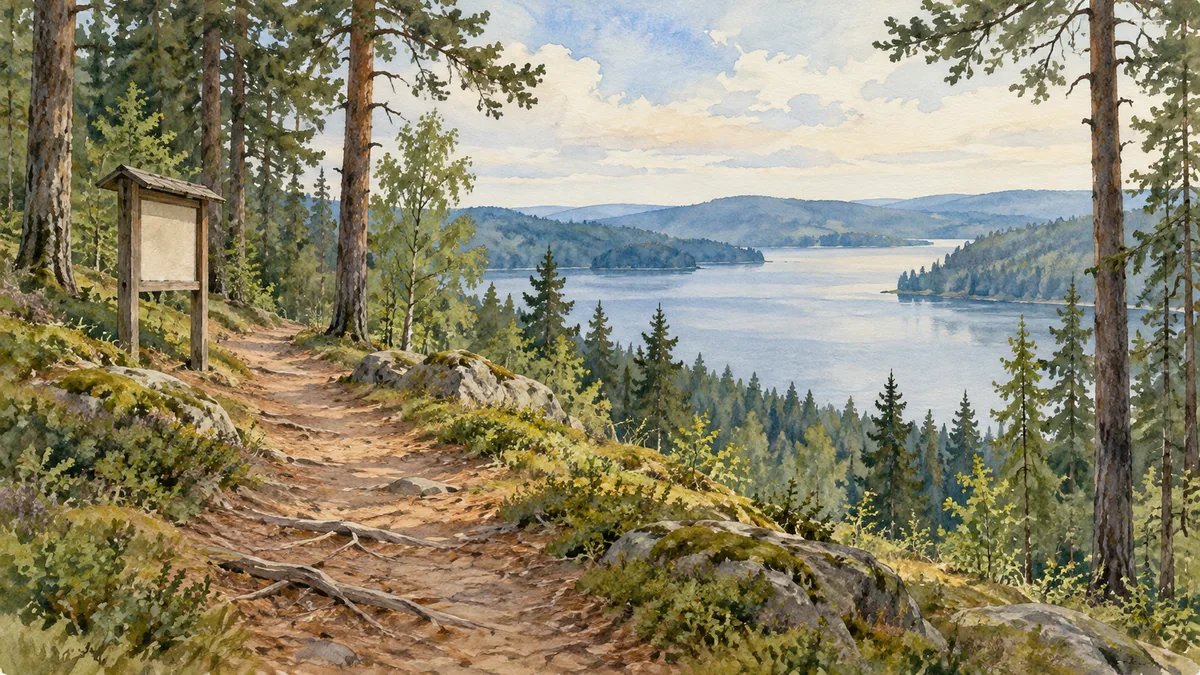 An imagined forest trail passes above a wooded Nordic lake.