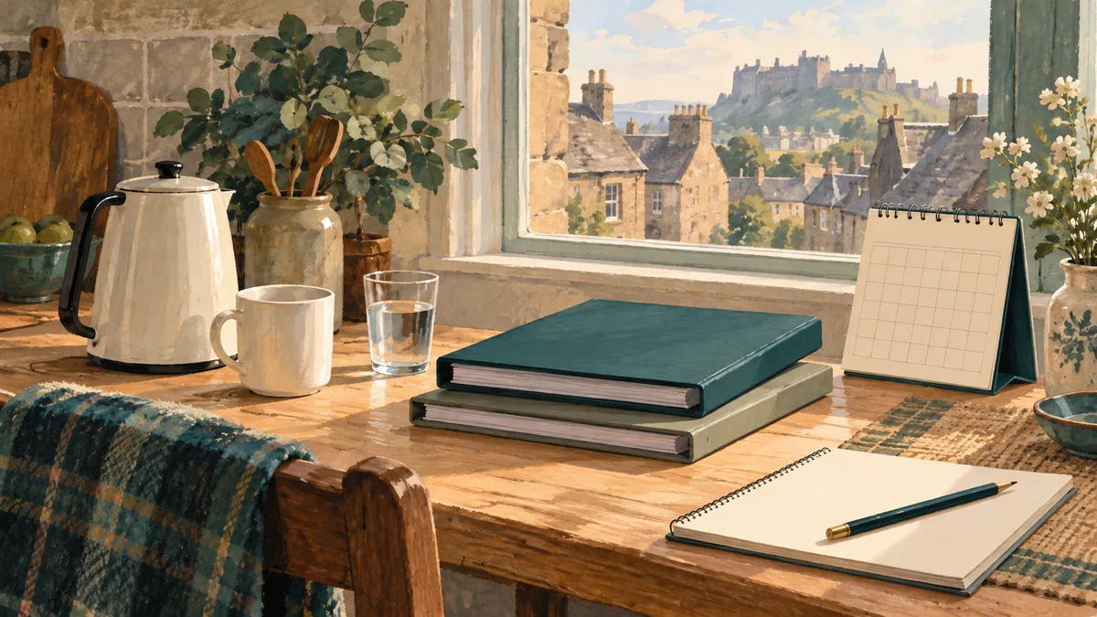 A kettle, glass, blank folders and an unmarked calendar in an imagined Scottish kitchen.