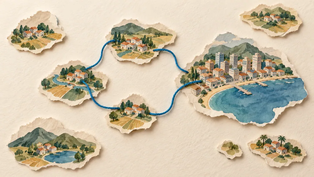 Invented paper settlements linked by a blue thread, with other settlements apart.