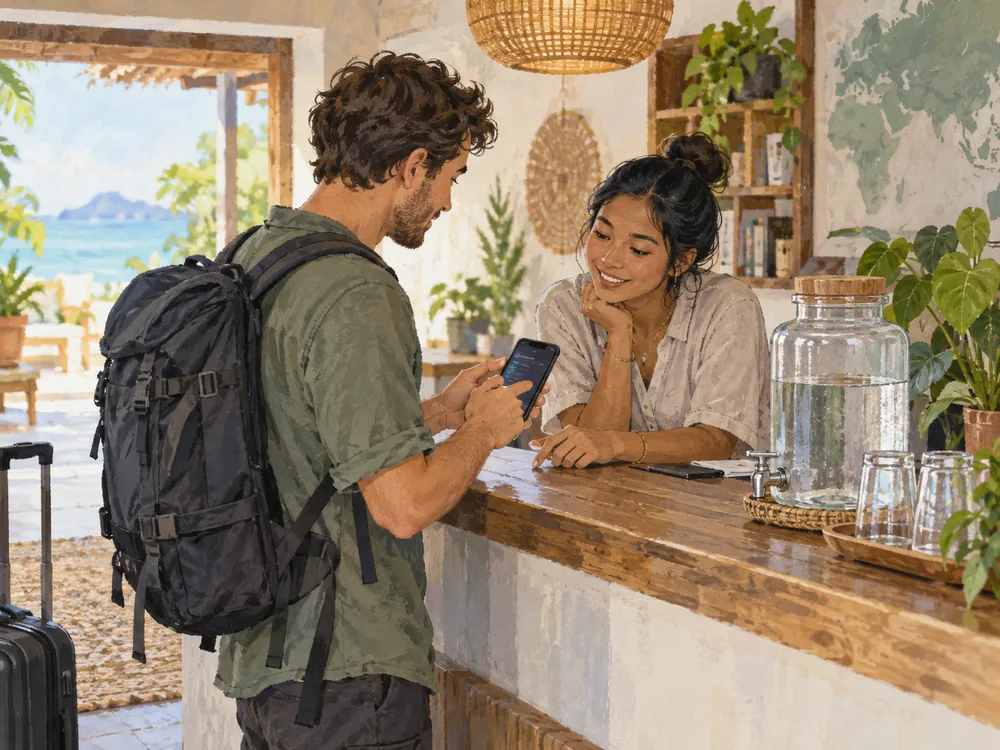 Illustrated traveler showing a phone at a reception counter beside a glass water dispenser and drinking glasses.