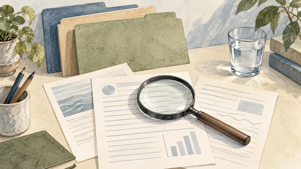A magnifying glass above generic paperwork beside a glass of water.