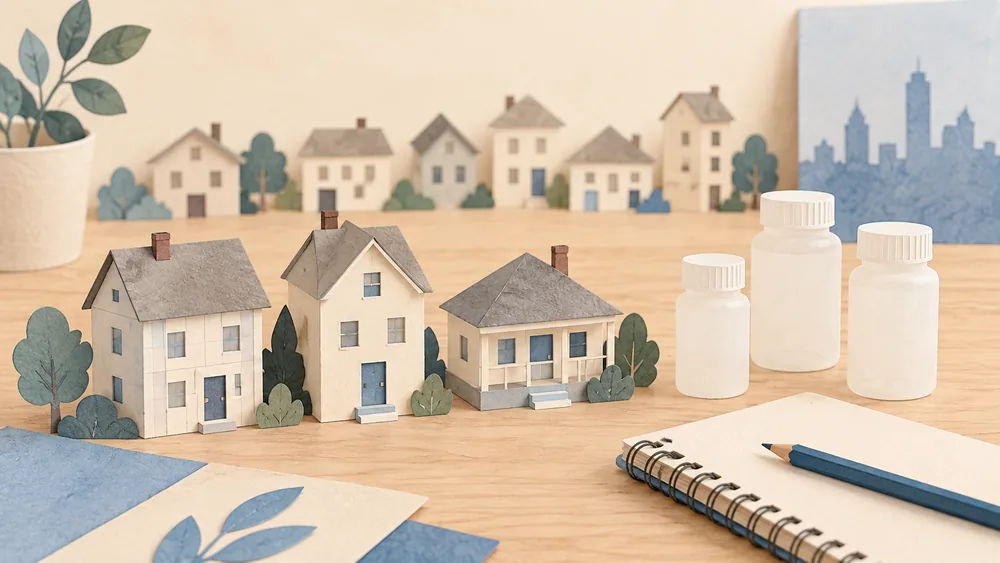 A small group of paper house cards sits apart beside unlabelled sampling bottles.