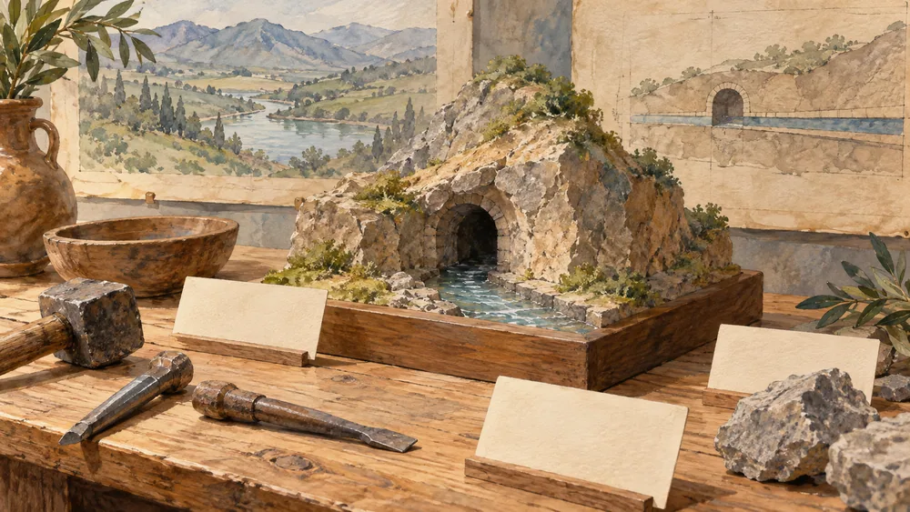 An invented rock-tunnel model sits beside unlabelled cards and simple tools.