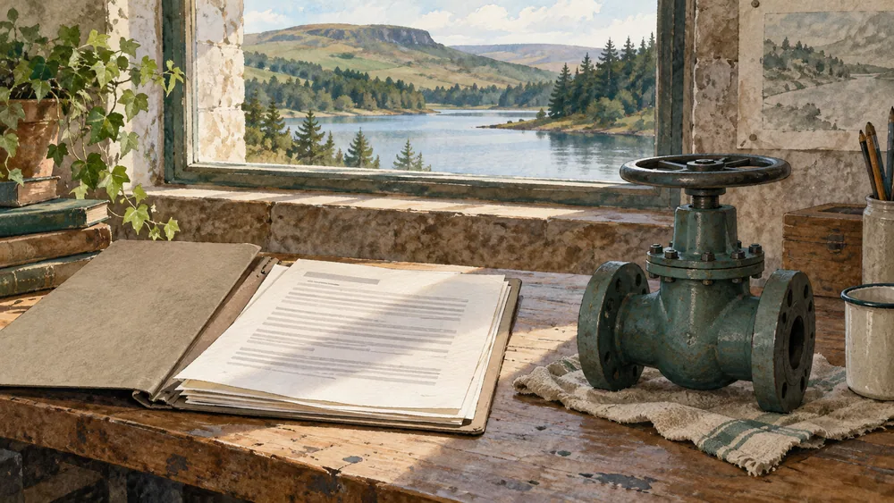 A generic valve and unmarked planning folder beside a window overlooking an imagined reservoir.