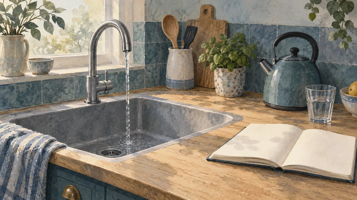A running tap, kettle, glass and blank notebook in an imagined kitchen.
