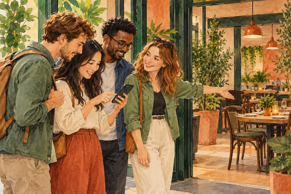 Illustrated friends checking a phone beside a restaurant entrance and dining tables.