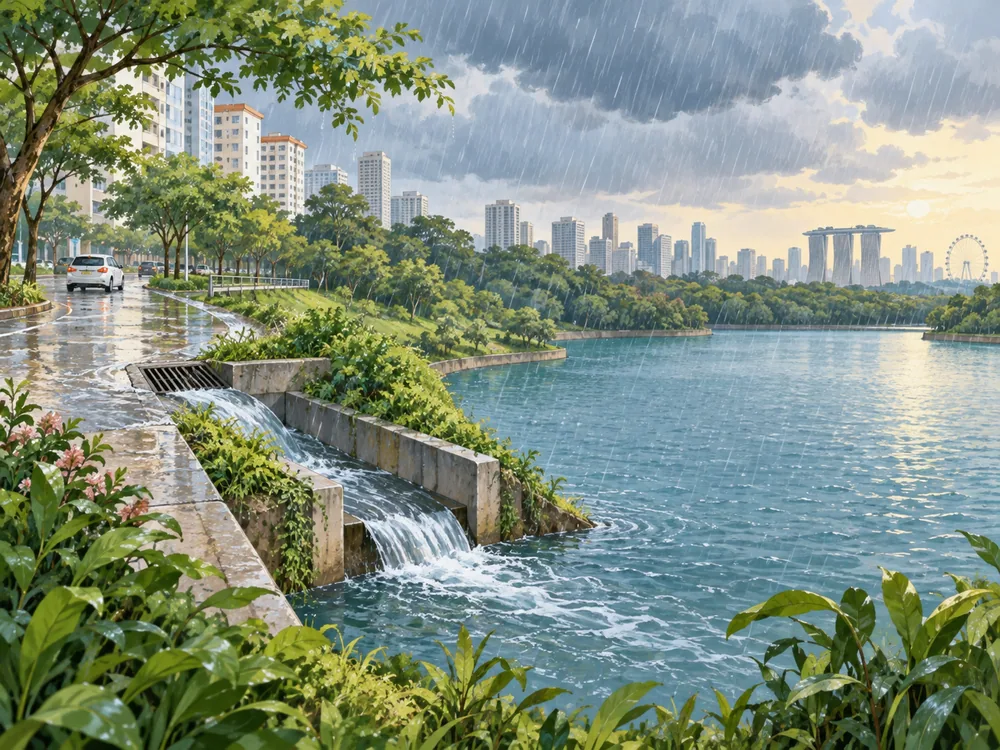 Conceptual Singapore-like city catchment in the rain, with streets and green spaces around a reservoir.