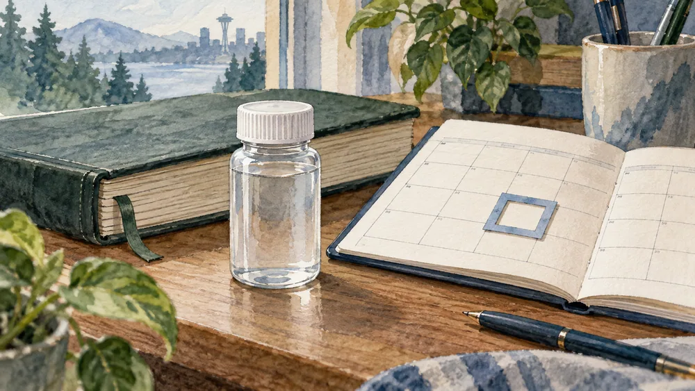 A capped sample bottle sits beside a bound notebook and a decorative calendar.