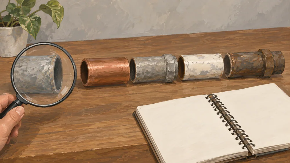 Separate generic pipe sections beside a blank notebook and magnifier.