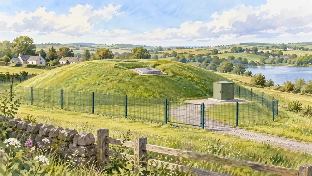 Illustration of a fenced grass-covered storage mound with a closed hatch and control cabinet.