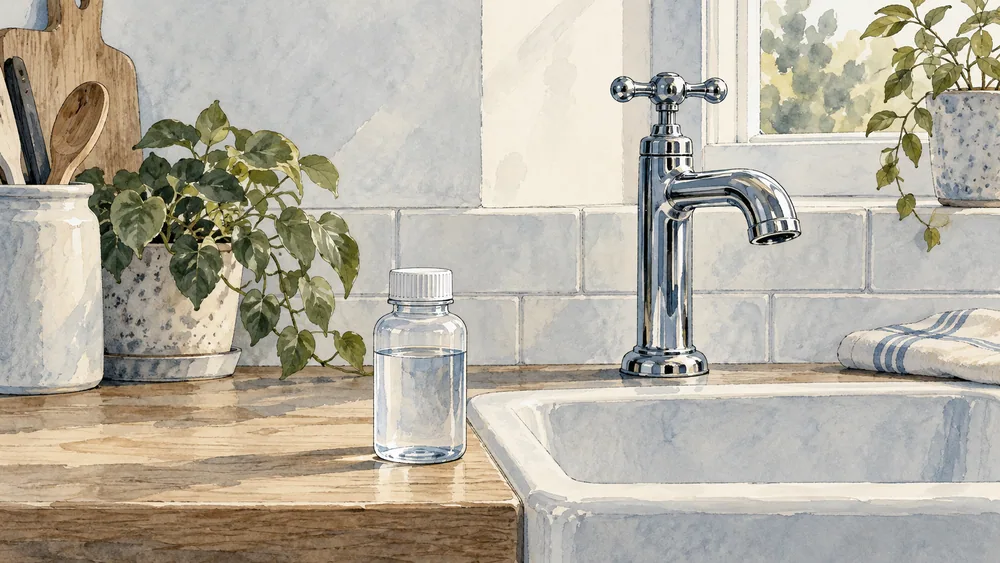 A capped sample bottle beside a domestic tap.