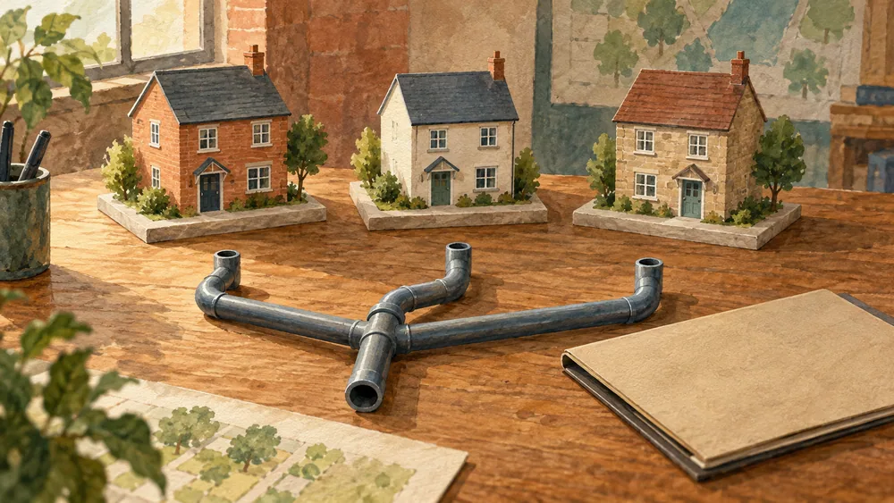 Three separate house models behind a loose branched pipe and a closed blank folder.