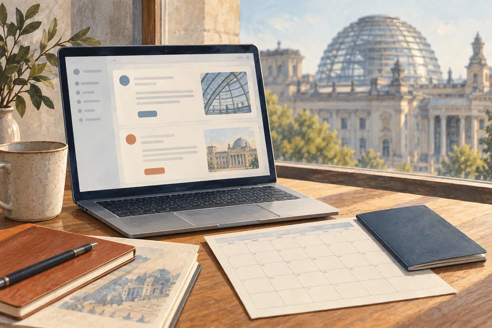 Illustrated laptop with two abstract emails, a calendar and a plain travel document.