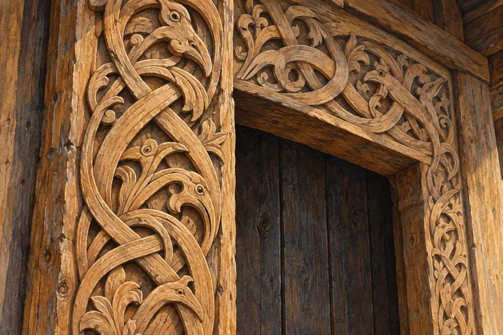 Illustrated close-up of a timber doorway surround carved with interlacing animal and plant forms.