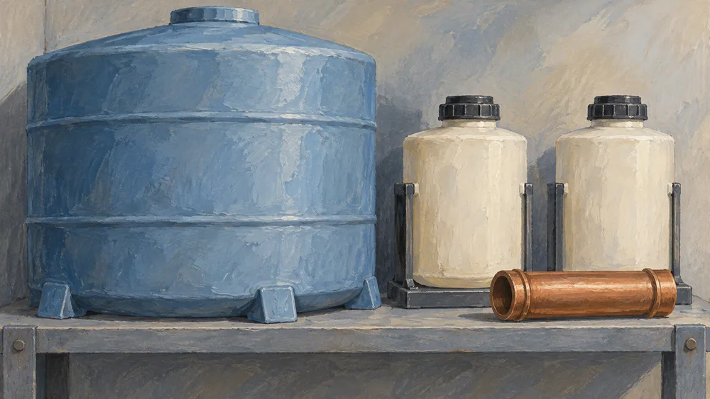 A generic blue tank, unlabelled dosing vessels and a pipe sample on a shelf.