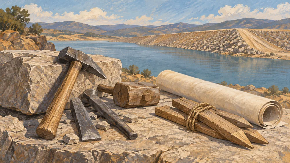 Illustrated stoneworking tools, rolled blank paper and wooden stakes beside a fictional reservoir embankment.