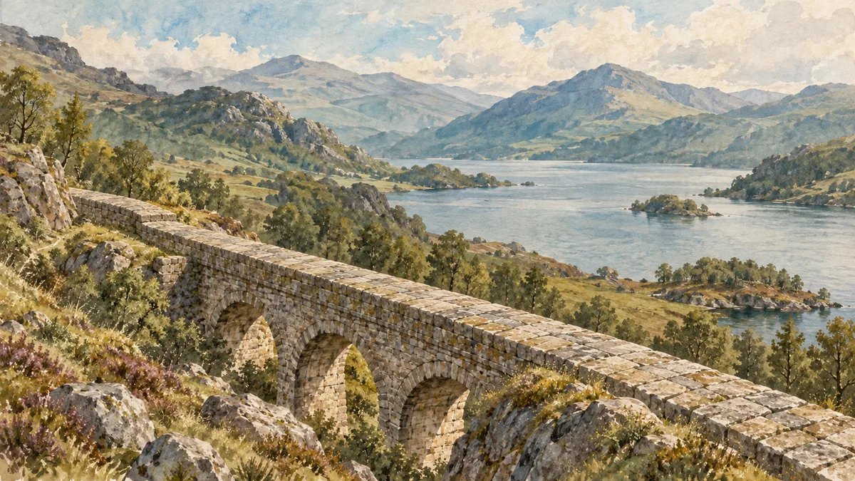 An imagined covered stone conduit with arches beside a loch and hills.
