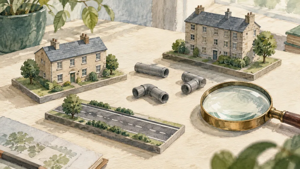 House and road models with unattached pipe pieces and a magnifying glass.